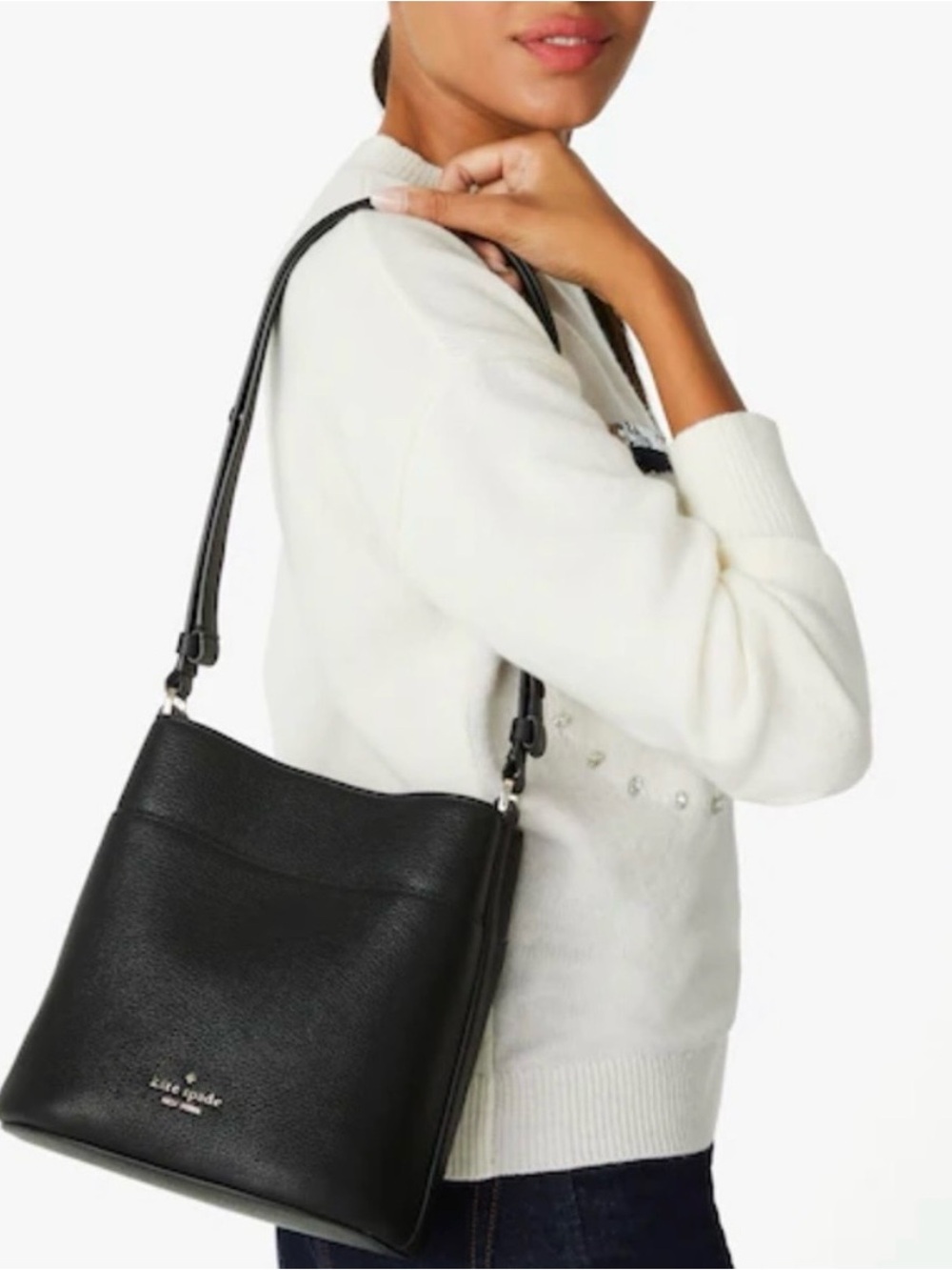 kate spade Leila Small Black Pebbled Leather Shoulder Bucket Bag